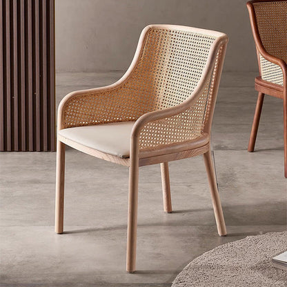 Contemporary Retro Square Rattan Weaving Seat Solid Wood Dining Chair Curved Arm For Dining Room
