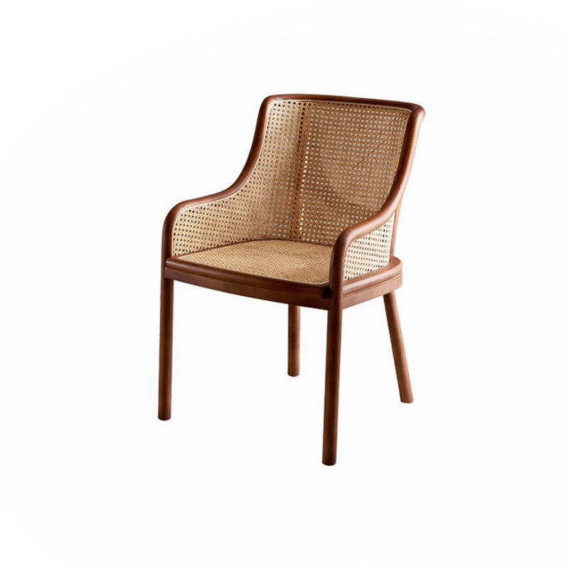 Contemporary Retro Square Rattan Weaving Seat Solid Wood Dining Chair Curved Arm For Dining Room