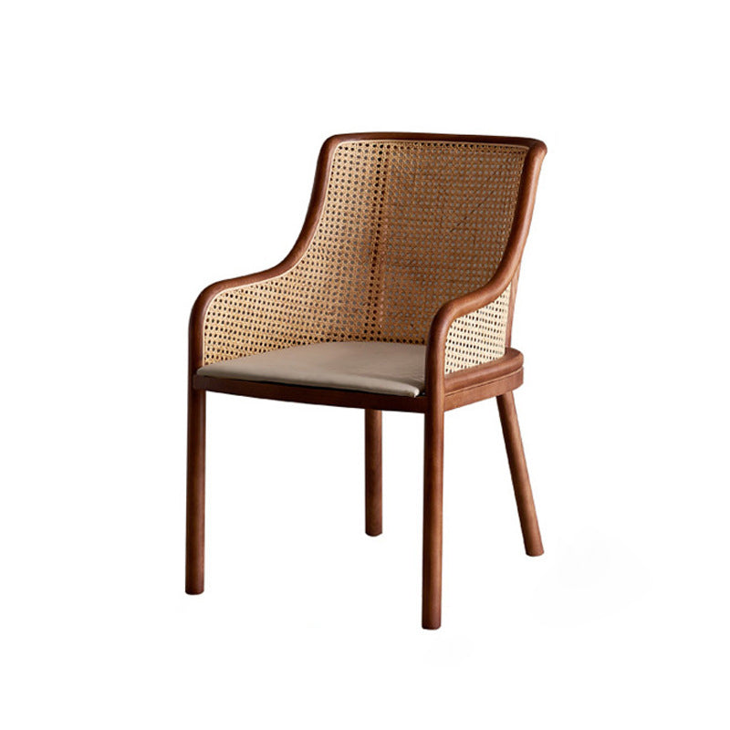 Contemporary Retro Square Rattan Weaving Seat Solid Wood Dining Chair Curved Arm For Dining Room