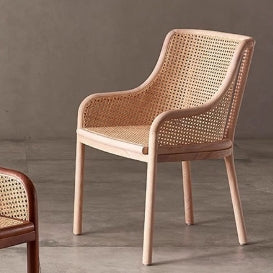 Contemporary Retro Square Rattan Weaving Seat Solid Wood Dining Chair Curved Arm For Dining Room