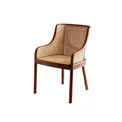 Contemporary Retro Square Rattan Weaving Seat Solid Wood Dining Chair Curved Arm For Dining Room