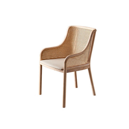 Contemporary Retro Square Rattan Weaving Seat Solid Wood Dining Chair Curved Arm For Dining Room