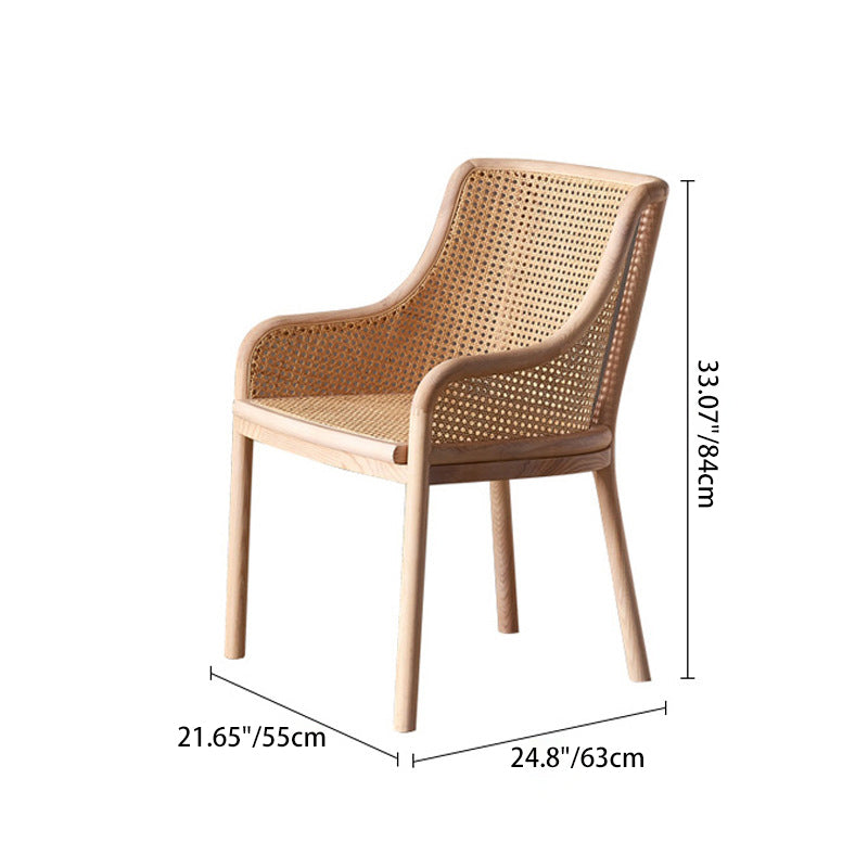 Contemporary Retro Square Rattan Weaving Seat Solid Wood Dining Chair Curved Arm For Dining Room