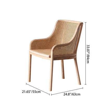 Contemporary Retro Square Rattan Weaving Seat Solid Wood Dining Chair Curved Arm For Dining Room