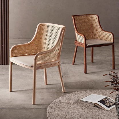 Contemporary Retro Square Rattan Weaving Seat Solid Wood Dining Chair Curved Arm For Dining Room