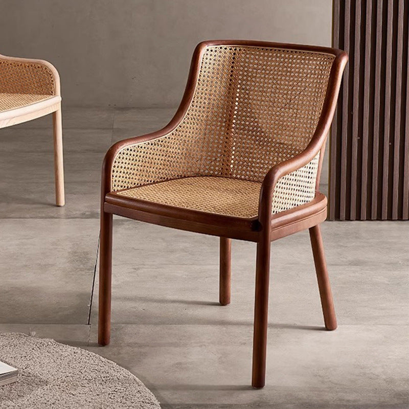 Contemporary Retro Square Rattan Weaving Seat Solid Wood Dining Chair Curved Arm For Dining Room