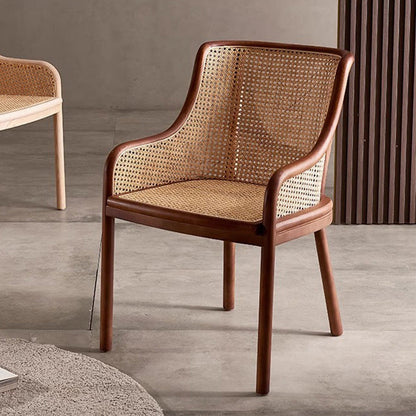 Contemporary Retro Square Rattan Weaving Seat Solid Wood Dining Chair Curved Arm For Dining Room