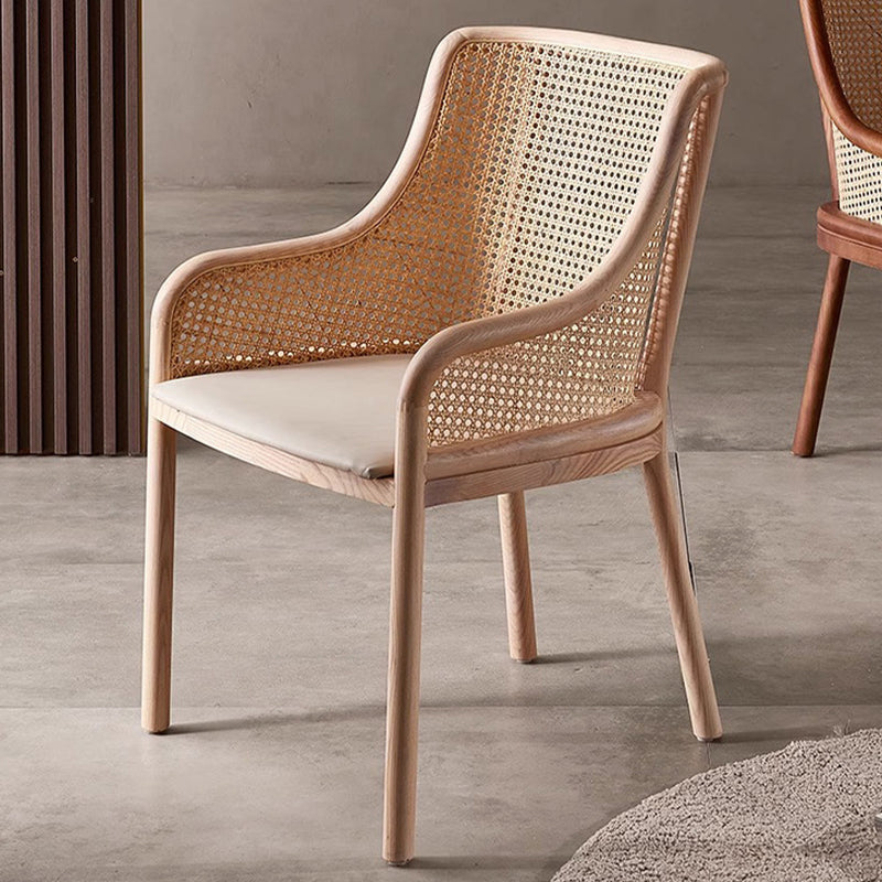 Contemporary Retro Square Rattan Weaving Seat Solid Wood Dining Chair Curved Arm For Dining Room
