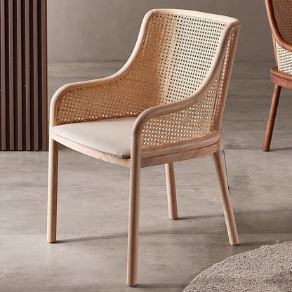 Contemporary Retro Square Rattan Weaving Seat Solid Wood Dining Chair Curved Arm For Dining Room