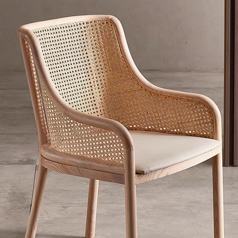 Contemporary Retro Square Rattan Weaving Seat Solid Wood Dining Chair Curved Arm For Dining Room