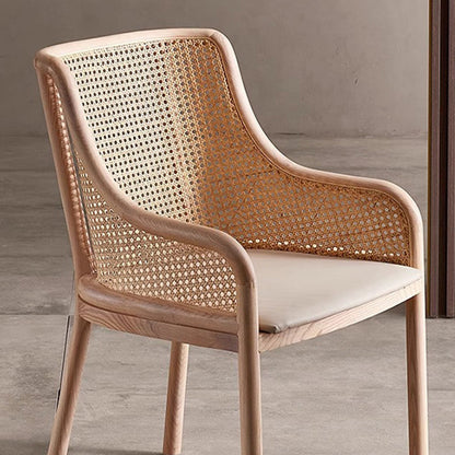 Contemporary Retro Square Rattan Weaving Seat Solid Wood Dining Chair Curved Arm For Dining Room