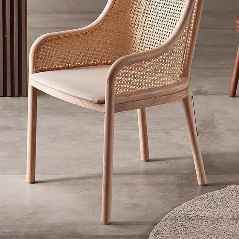 Contemporary Retro Square Rattan Weaving Seat Solid Wood Dining Chair Curved Arm For Dining Room