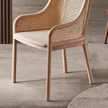 Contemporary Retro Square Rattan Weaving Seat Solid Wood Dining Chair Curved Arm For Dining Room