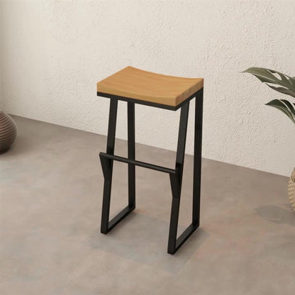 Contemporary Industrial Square Solid Wood Iron Frame Bar Stool Footrest For Dining Room