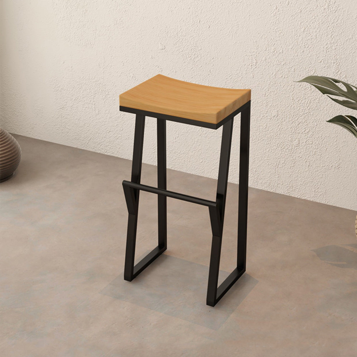 Contemporary Industrial Square Solid Wood Iron Frame Bar Stool Footrest For Dining Room