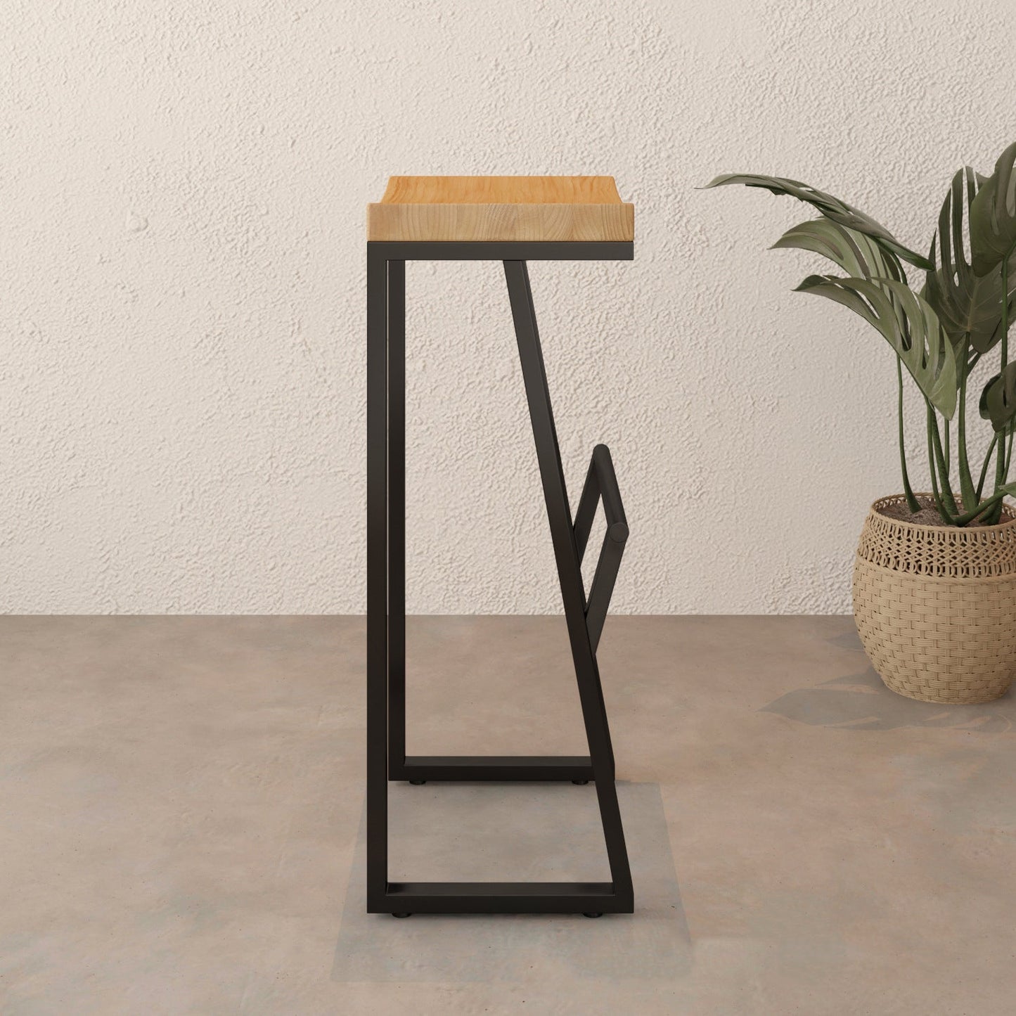 Contemporary Industrial Square Solid Wood Iron Frame Bar Stool Footrest For Dining Room