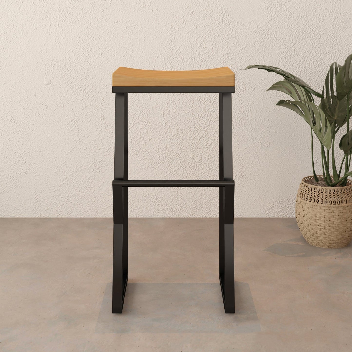 Contemporary Industrial Square Solid Wood Iron Frame Bar Stool Footrest For Dining Room