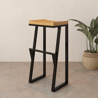 Contemporary Industrial Square Solid Wood Iron Frame Bar Stool Footrest For Dining Room