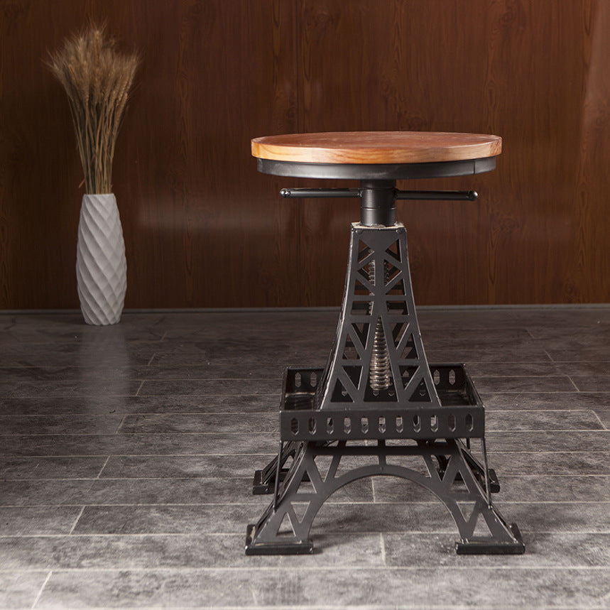 Contemporary Creative Round Solid Wood Iron Eiffel Tower Design Height Adjustable Swivel Bar Stool Footrest For Dining Room