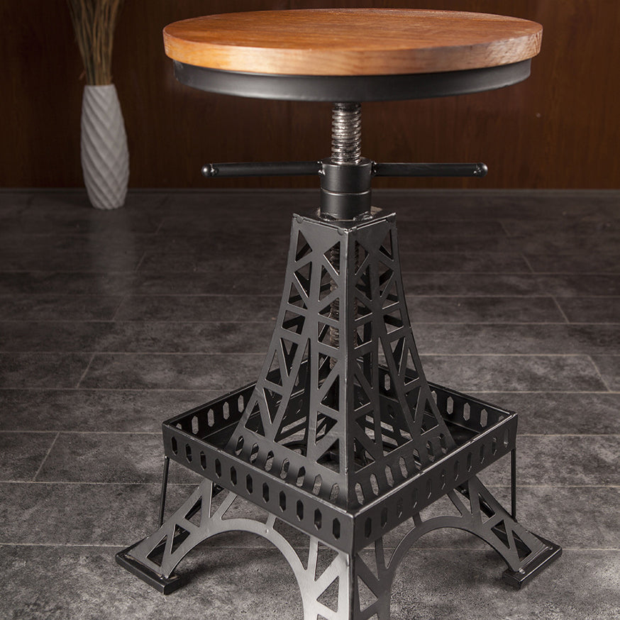 Contemporary Creative Round Solid Wood Iron Eiffel Tower Design Height Adjustable Swivel Bar Stool Footrest For Dining Room