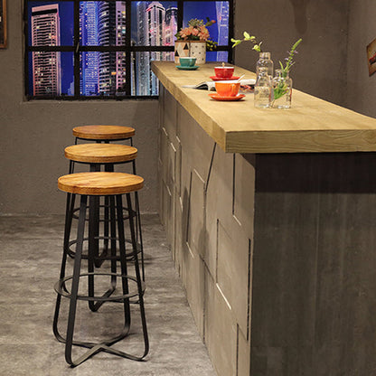Contemporary Industrial Round Solid Wood Iron Frame Bar Stool Footrest For Dining Room