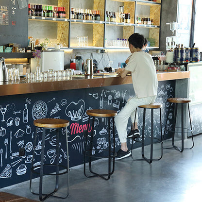 Contemporary Industrial Round Solid Wood Iron Frame Bar Stool Footrest For Dining Room