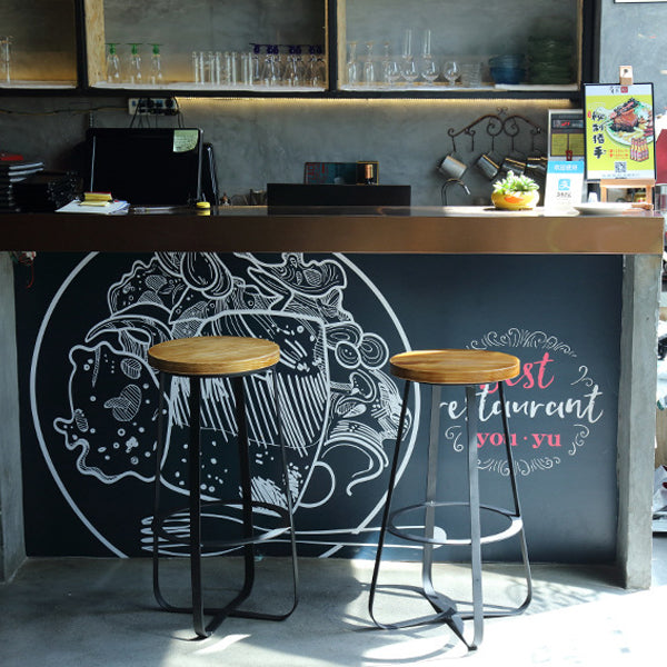 Contemporary Industrial Round Solid Wood Iron Frame Bar Stool Footrest For Dining Room