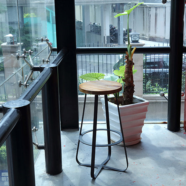 Contemporary Industrial Round Solid Wood Iron Frame Bar Stool Footrest For Dining Room