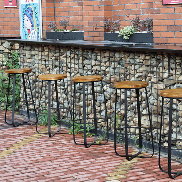 Contemporary Industrial Round Solid Wood Iron Frame Bar Stool Footrest For Dining Room