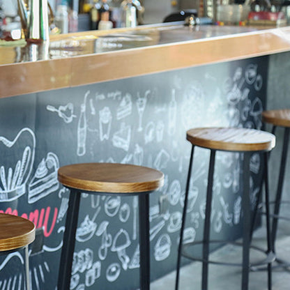 Contemporary Industrial Round Solid Wood Iron Frame Bar Stool Footrest For Dining Room