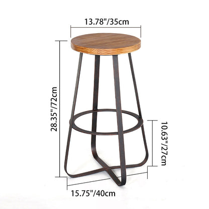 Contemporary Industrial Round Solid Wood Iron Frame Bar Stool Footrest For Dining Room