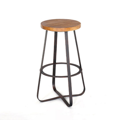 Contemporary Industrial Round Solid Wood Iron Frame Bar Stool Footrest For Dining Room