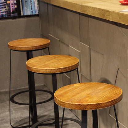 Contemporary Industrial Round Solid Wood Iron Frame Bar Stool Footrest For Dining Room