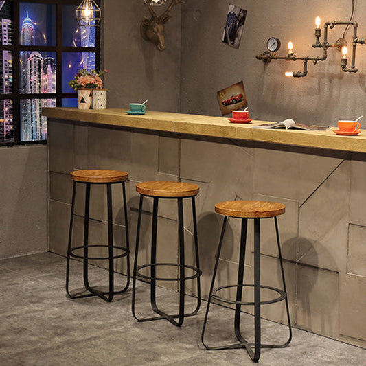 Contemporary Industrial Round Solid Wood Iron Frame Bar Stool Footrest For Dining Room