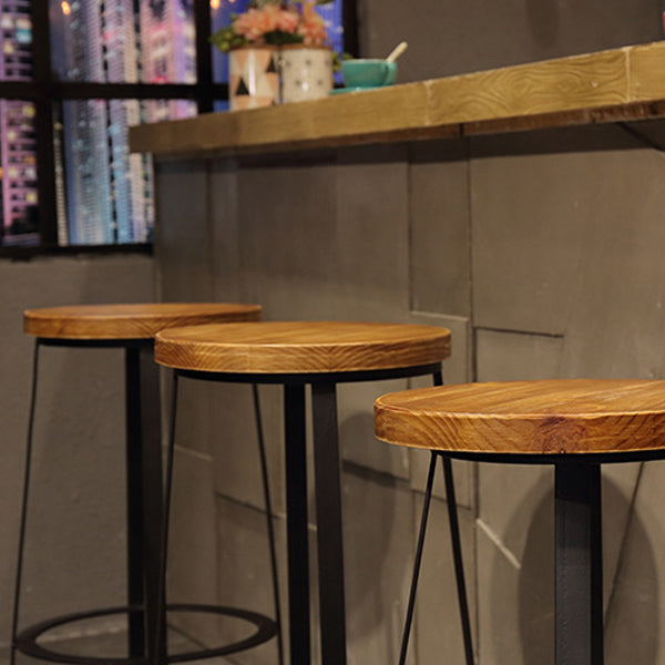 Contemporary Industrial Round Solid Wood Iron Frame Bar Stool Footrest For Dining Room