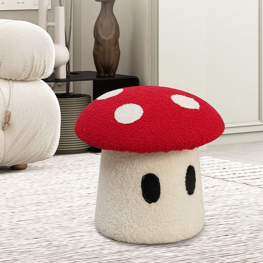 Contemporary Creative Cream Mushroom Lambswool Solid Wood Frame Vanity Stool For Bedroom