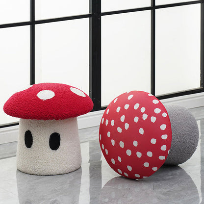 Contemporary Creative Cream Mushroom Lambswool Solid Wood Frame Vanity Stool For Bedroom