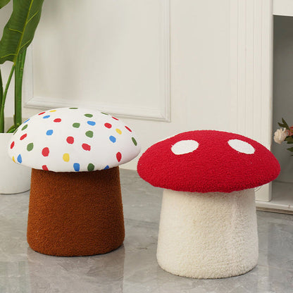 Contemporary Creative Cream Mushroom Lambswool Solid Wood Frame Vanity Stool For Bedroom