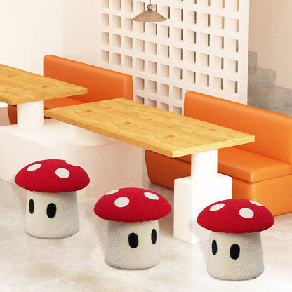 Contemporary Creative Cream Mushroom Lambswool Solid Wood Frame Vanity Stool For Bedroom