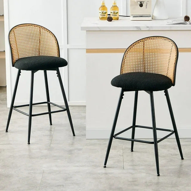 Contemporary Simplicity Round Flannel Upholstered Swivel Bar Stool PE Woven Rattan Backrest Footrest For Dining Room