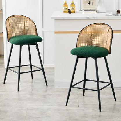 Contemporary Simplicity Round Flannel Upholstered Swivel Bar Stool PE Woven Rattan Backrest Footrest For Dining Room