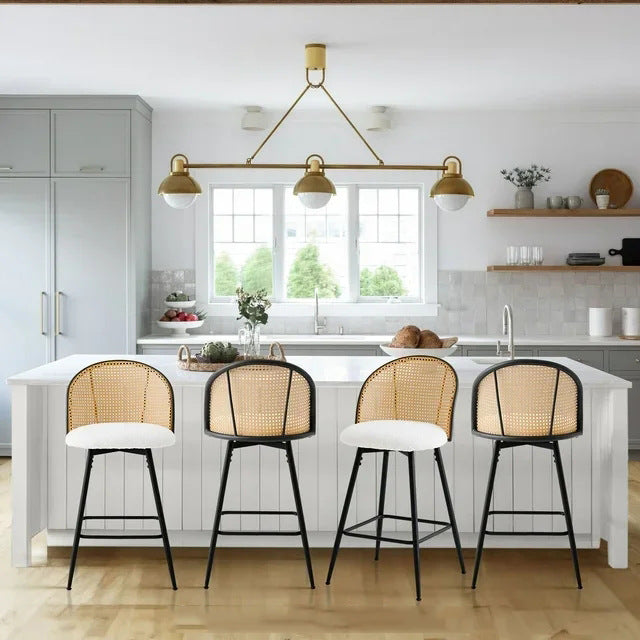 Contemporary Simplicity Round Flannel Upholstered Swivel Bar Stool PE Woven Rattan Backrest Footrest For Dining Room