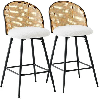 Contemporary Simplicity Round Flannel Upholstered Swivel Bar Stool PE Woven Rattan Backrest Footrest For Dining Room