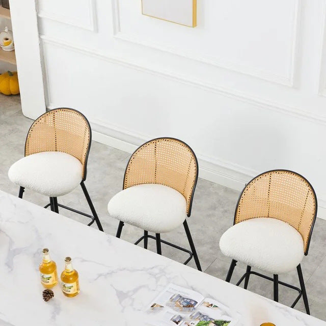 Contemporary Simplicity Round Flannel Upholstered Swivel Bar Stool PE Woven Rattan Backrest Footrest For Dining Room