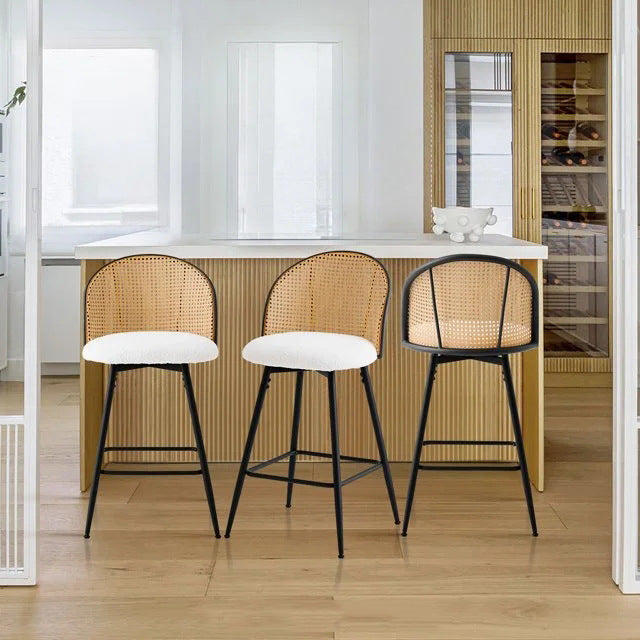 Contemporary Simplicity Round Flannel Upholstered Swivel Bar Stool PE Woven Rattan Backrest Footrest For Dining Room