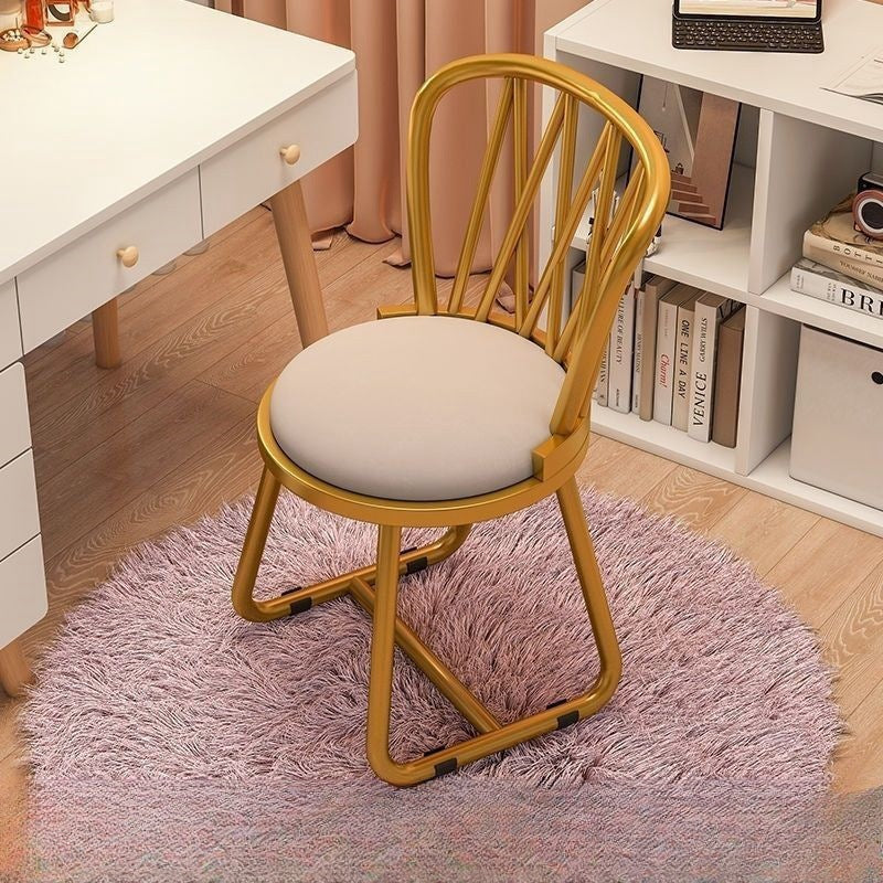 Contemporary Luxury Round Velvet Upholstered Metal Frame Vanity Stool Curved Backrest For Bedroom