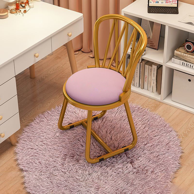 Contemporary Luxury Round Velvet Upholstered Metal Frame Vanity Stool Curved Backrest For Bedroom