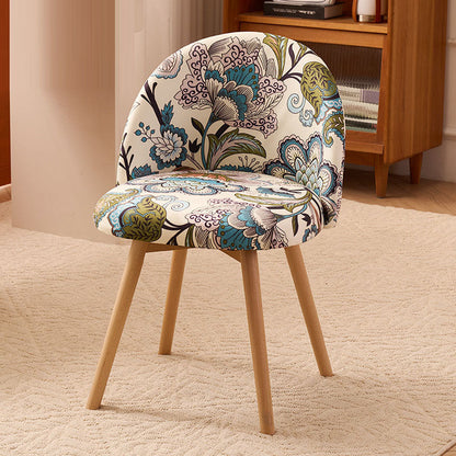 Contemporary Creative Curved Printed Flannel Upholstered Solid Wood Legs Vanity Stool Backrest For Bedroom