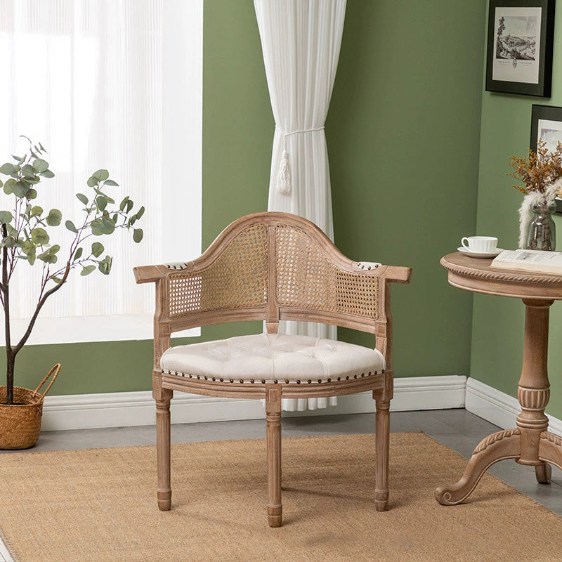 Traditional European Triangle Genuine Leather Upholstered Solid Wood Dining Chair Arc Backrest For Dining Room