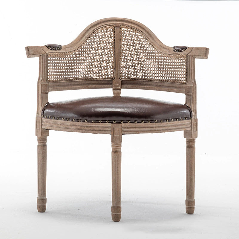 Traditional European Triangle Genuine Leather Upholstered Solid Wood Dining Chair Arc Backrest For Dining Room